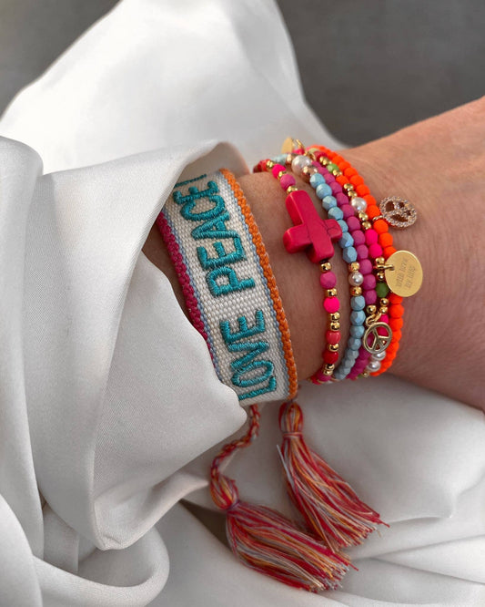 LOVE PEACE HAPPINESS Statement Armband gewebt, bestickt